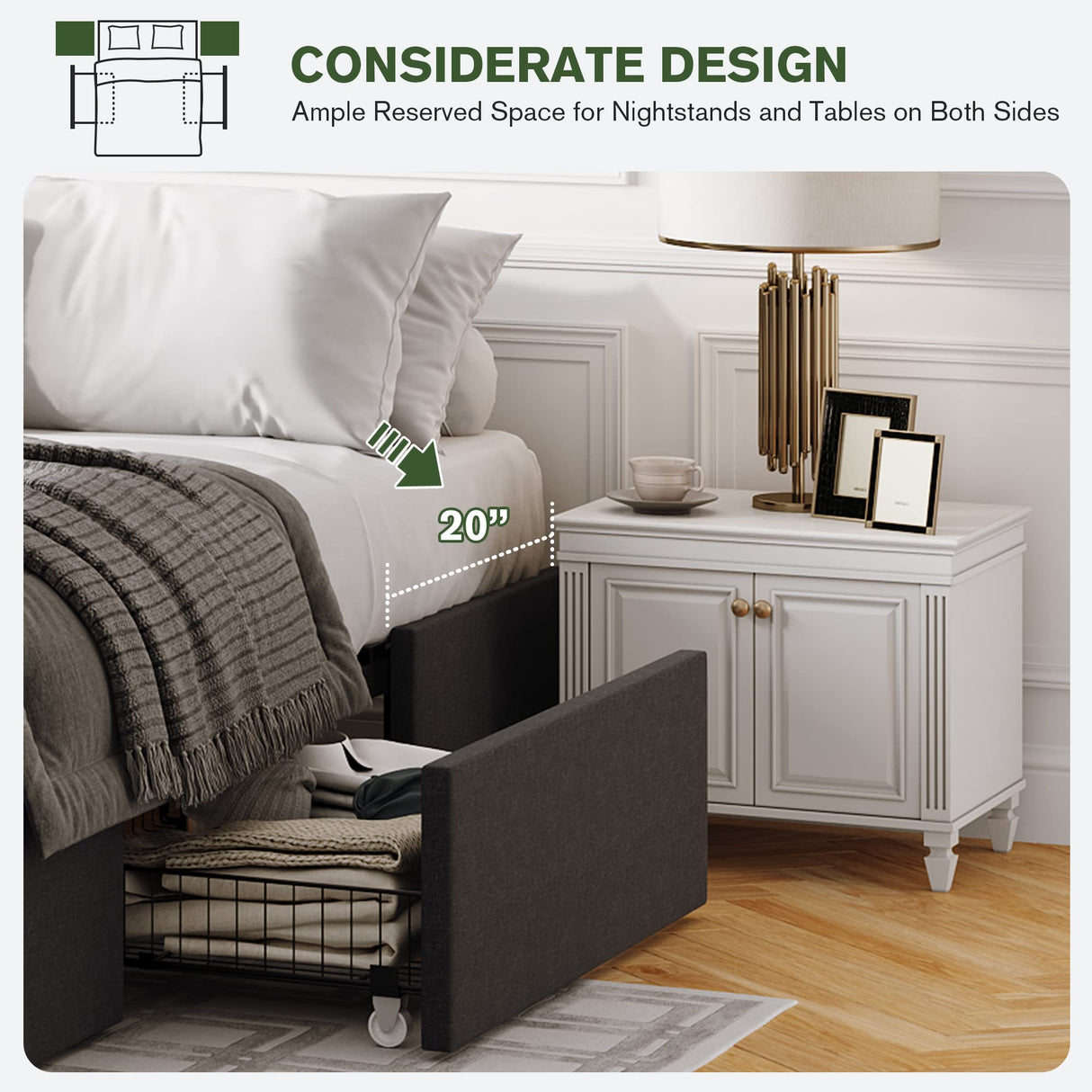 IMUsee Queen Bed Frame with Storage, 3 Large Drawers on Wheels, Fabric Upholstered Platform Bed, No Box Spring Needed, Wood Slats Support, Easy Assembly, Dark Grey IMUsee