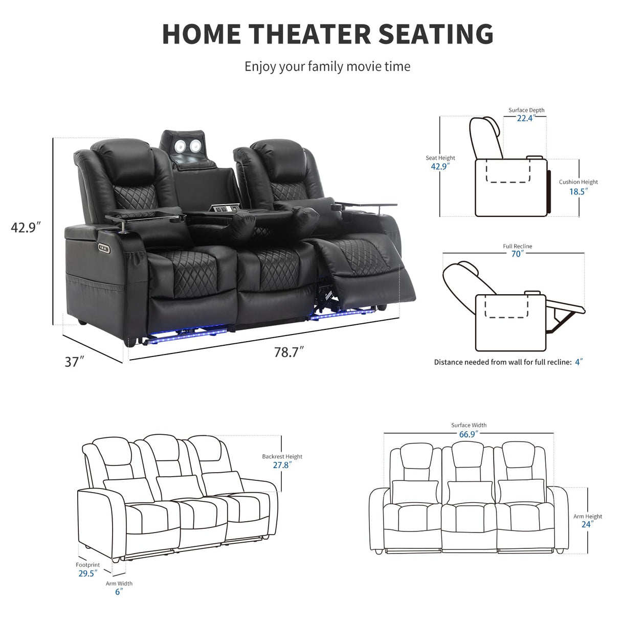 Airadlis Home Theater Seating Seats, Movie Theater Chairs Theater Recliner with 7 Colors Ambient Lighting, Lumbar Pillow, Touch Reading Lights, Tray Table (Black, Row of 3) Airadlis