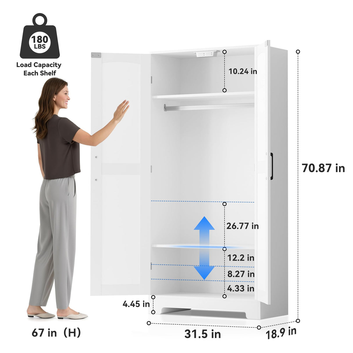 Wooden Armoire Wardrobe Closet, Wardrobe Cabinet with Door and Shelves, Freestanding Bedroom Armoires Clothing Storage Cabinet with Hanging Rod for Bedroom, Laundry Room, Cloak Room(White) Honsiva