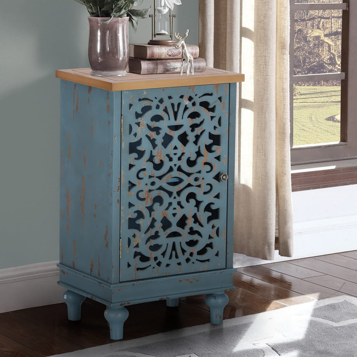 Sophia & William Accent Cabinet Small with Single Door, 31.5" Tall Side End Table, Distressed Nightstand with Wooden Frame and Hollow Carved Door, Blue, 1-Door Sophia & William