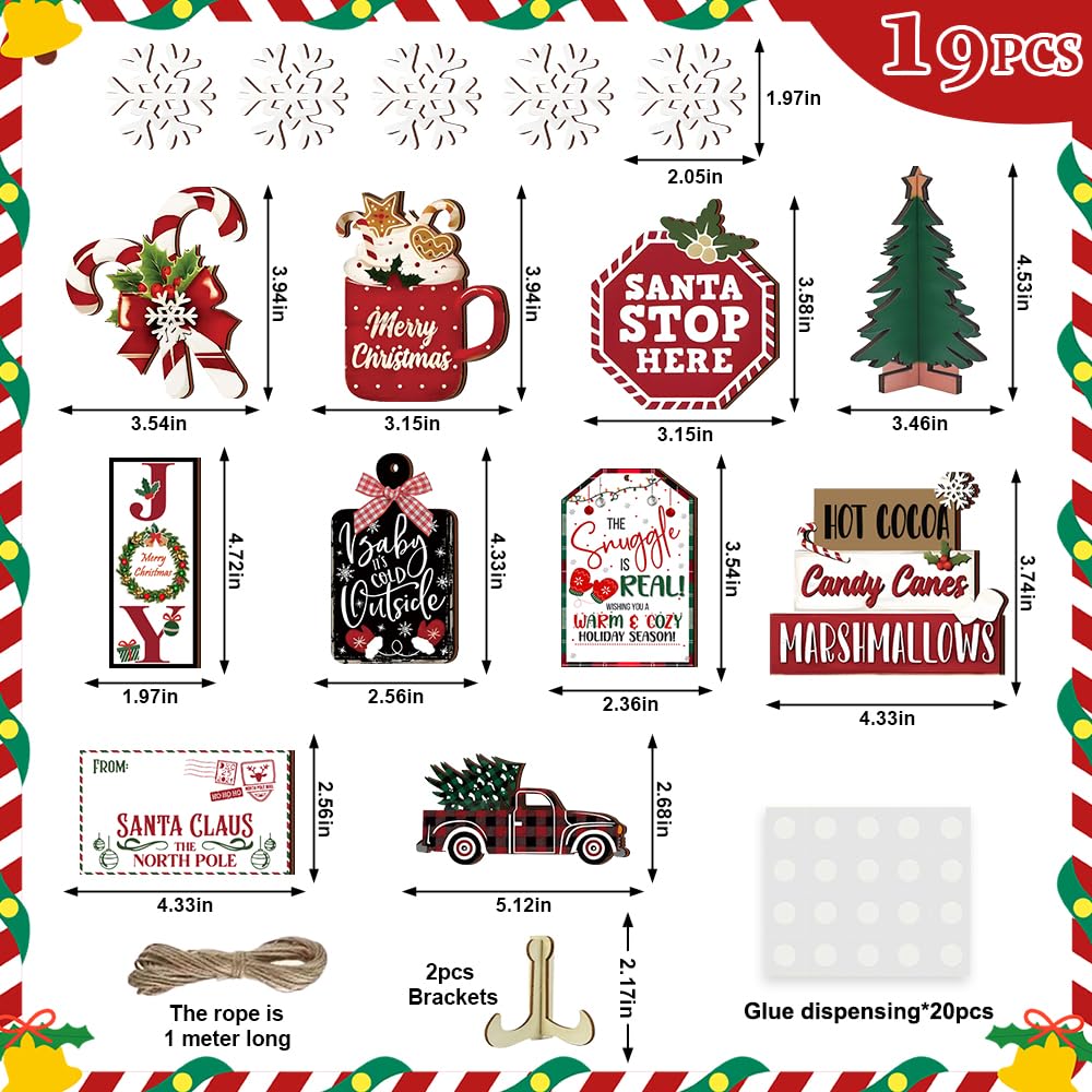Quimoy 19 Pcs Christmas Tiered Tray Decor, Winter Tiered Tray Decorations Set Snowflake Candy Canes Xmas Tree Wooden Sign, Christmas Table Decor for Home Kitchen, Rustic Farmhouse Party Favors Quimoy