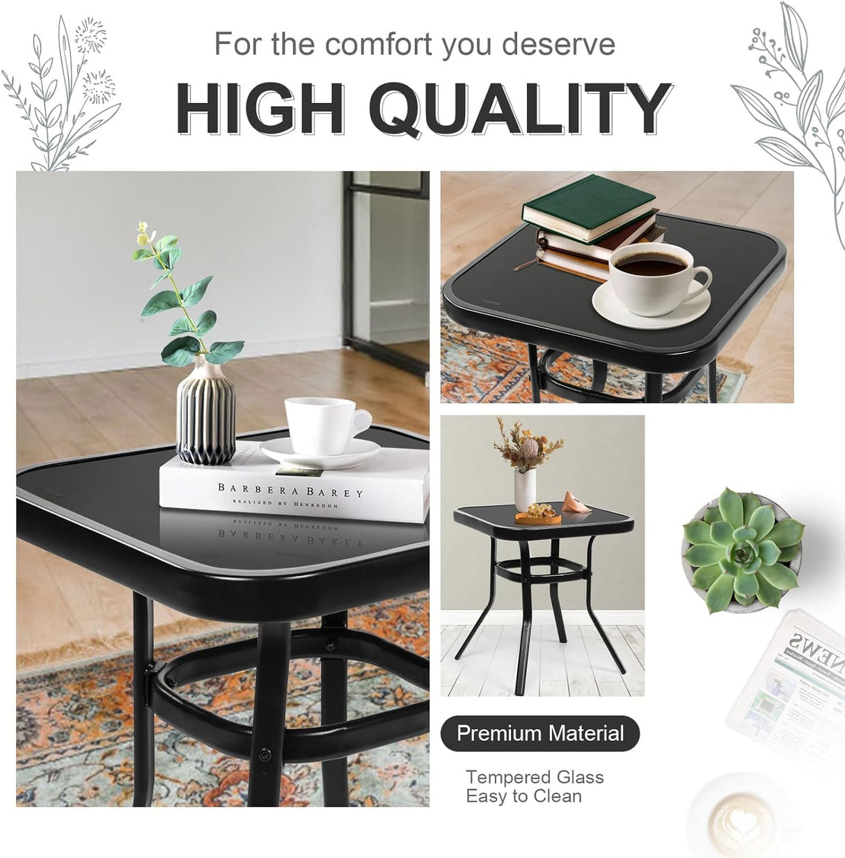 Oakmont Outdoor Furniture 3 Piece Conversation Bistro Set Rocking Chairs and Glass Top Table, Thick Cushions, Black Steel (Grey) Oakcloud