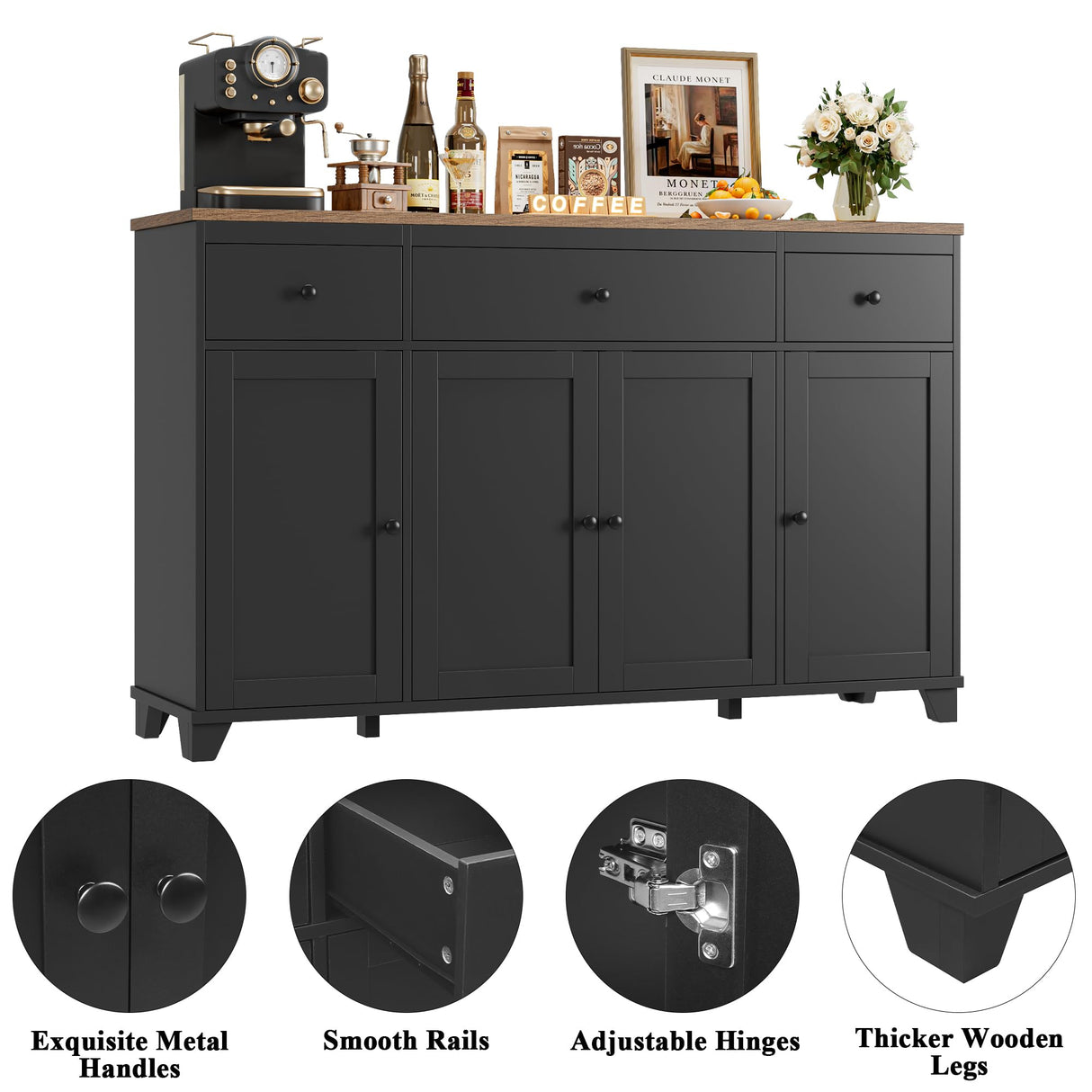 HIFIT 55" Large Kitchen Buffet Cabinet with Storage Drawers, Farmhouse Sideboard Buffet Table Storage Cabinet with Doors and Shelves, Wood Coffee Bar Cabinet for Kitchen Dining Living Room, Black HIFIT