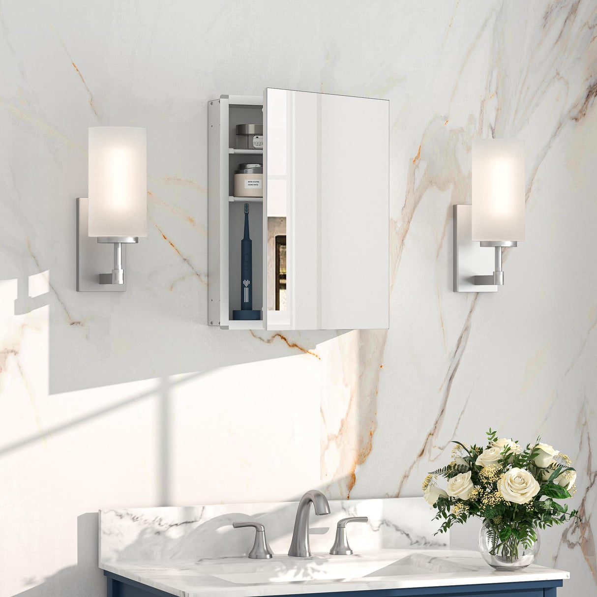 Keonjinn Small Medicine Cabinet 14 x 18 Inch, Assembly Needed, Bathroom Medicine Cabinets Mirror, Lightweight, Adjustable Shelves, Wall Mount or Recessed, Tempered Glass Keonjinn