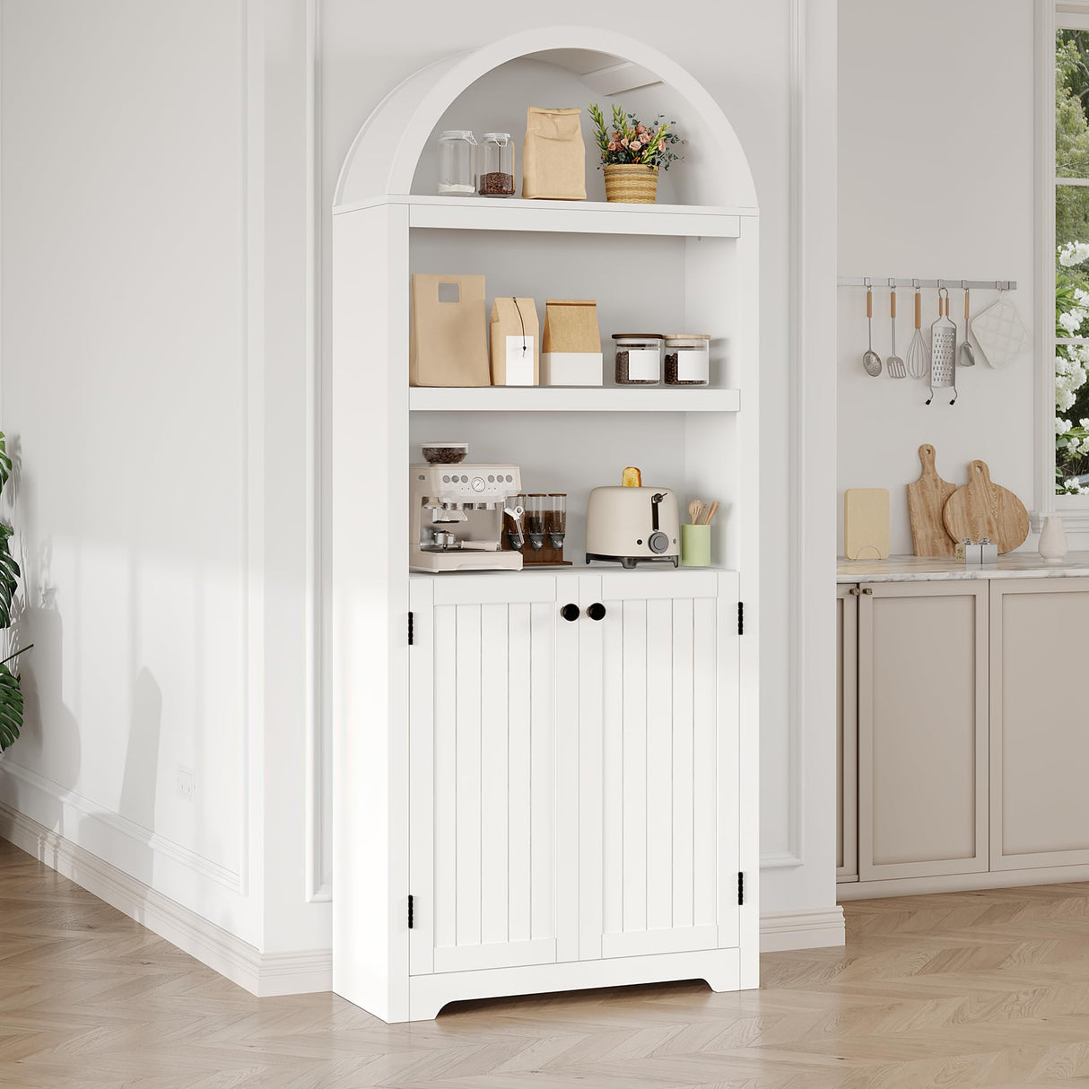 GarveeHome 72" Tall Arched Pantry Cabinet with Doors, 5-Tier Kitchen Pantry Cabinet with Adjustable Shelf & Black Handles, Wood Storage Cabinet for Dining Room, Kitchen, Living Room, White GarveeHome