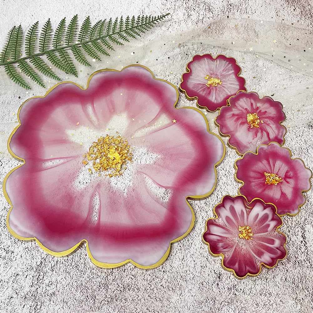 RESINWORLD Resin Tray Coaster Mold Set, 1Pc 13'' Large Floral Tray Mold + 4 Pack 4'' Flower Geode Coaster Silicone Molds (No Designs on Mold) ResinWorld