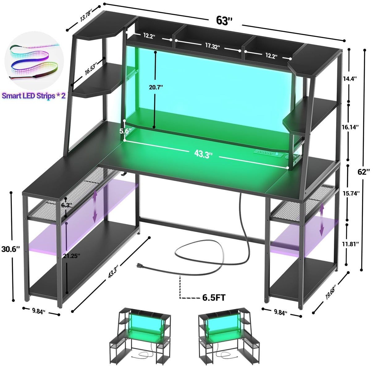 armocity 63'' L Shaped Gaming Desk with LED Lights & Power Strips, Reversible Gaming Table Desk with Hutch, L-Shaped PC Gaming Desk with Storage Shelves, L Desk for Gaming with Monitor Stand, Black armocity