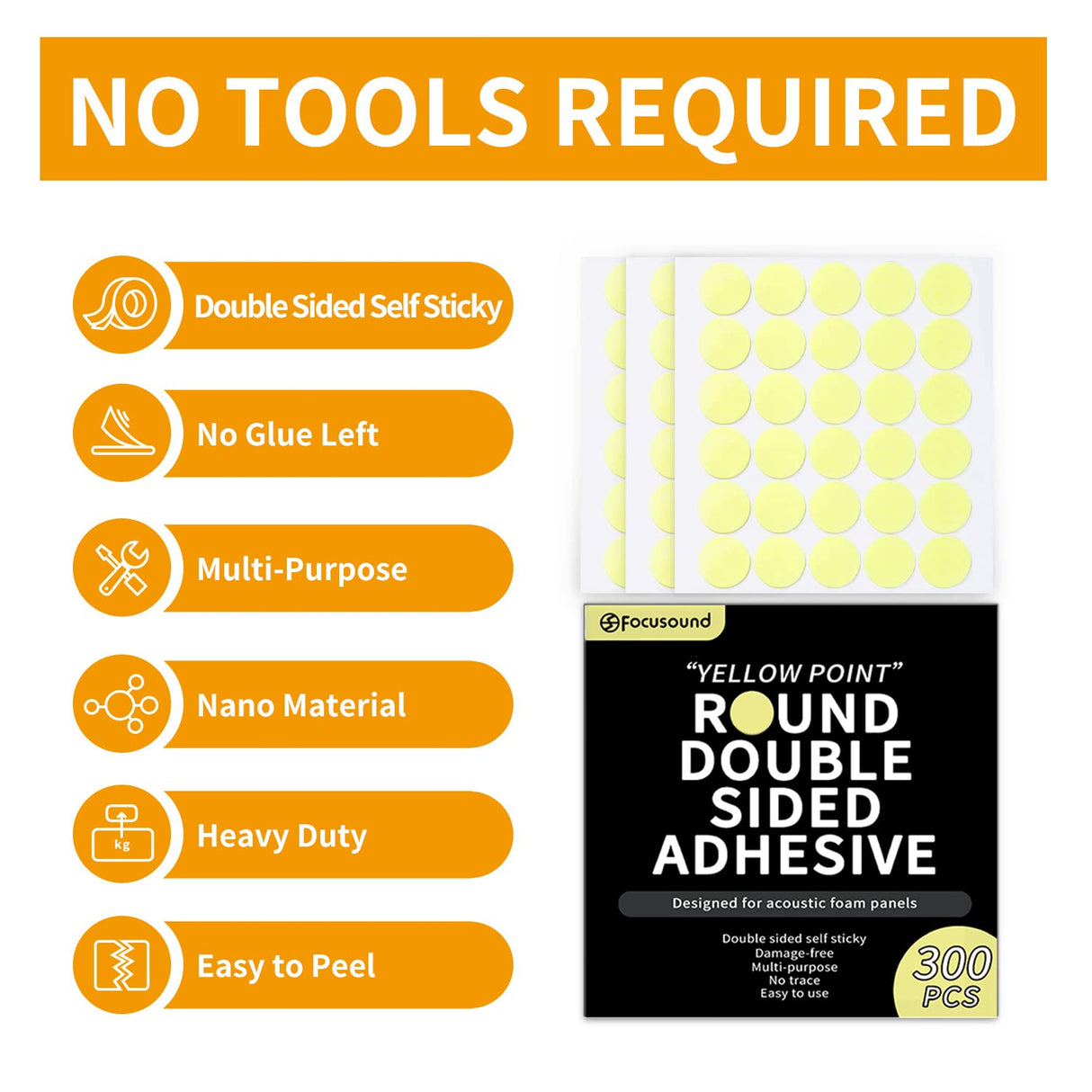 Focusound 300 Pack Yellow Point Double-Sided Adhesive Dots for Acoustic Soundproofing Foam Panels Focusound