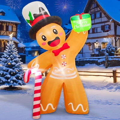 OurWarm 6FT Christmas Inflatable Outdoor Decoration, Christmas Blow Up Yard Decorations with LEDs, Gingerbread Inflatable with Gift Box and Candy Cane for Indoor Outdoor Lawn Garden Xmas Decorations