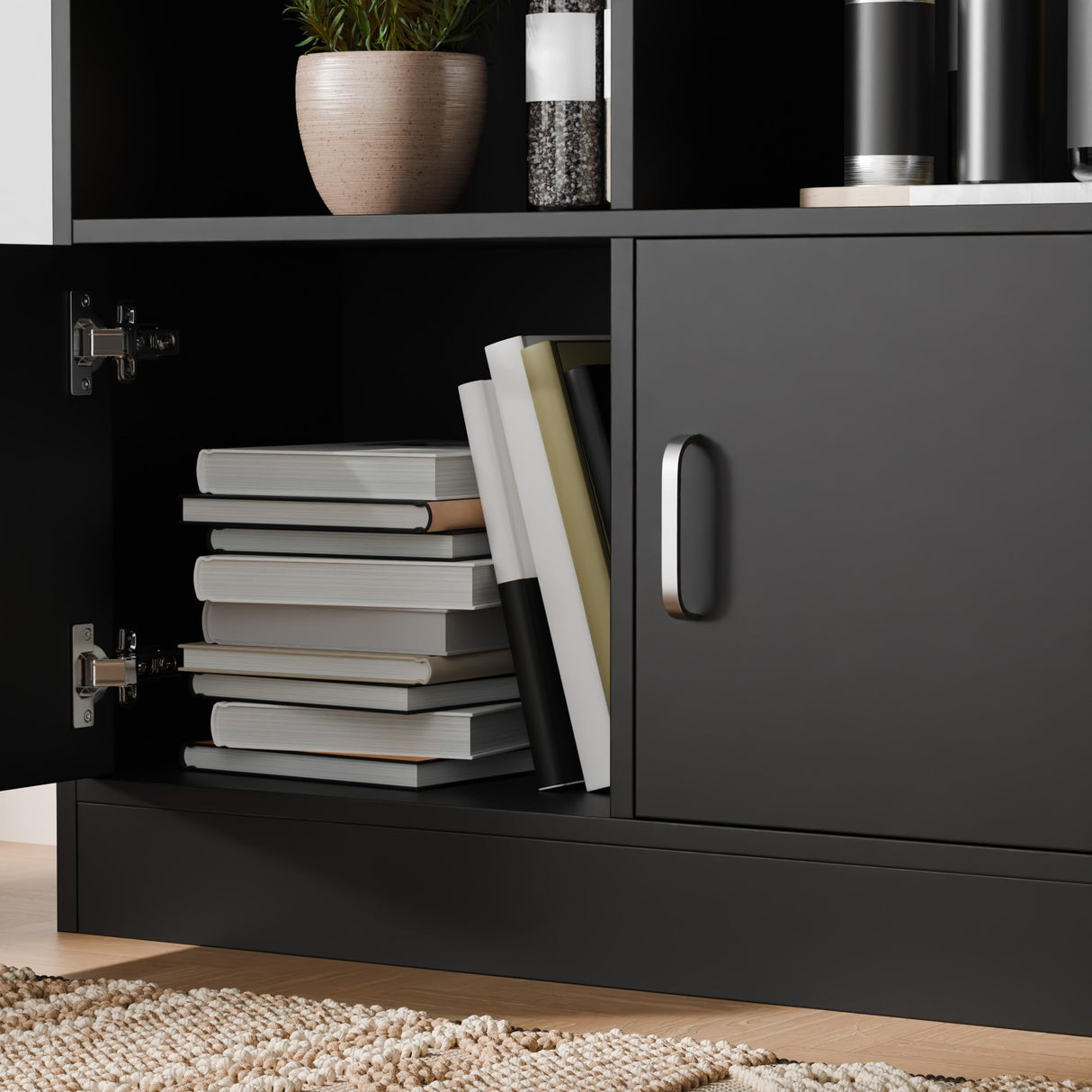 Cozy Castle 70" Tall Black Bookshelf with 12 Cubes and 2 Doors, 4-Tier Open Shelf Bookcase with Cabinet, Modern Cube Storage Organizer for Living Room, and Office Cozy Castle