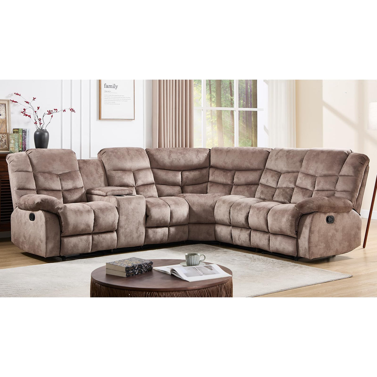 EBELLO Manual Reclining Sectional Sofa Set for Living Room, Soft Fabric Recliner Corner Sectional Couch with Center Console, Cup Holder and Storage, Brown EBELLO