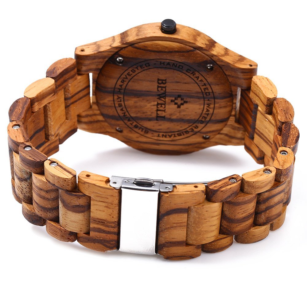 BEWELL W086B Mens Wooden Watch Analog Quartz Lightweight Handmade Wood Wrist Watch (Zebra Wood) BEWELL