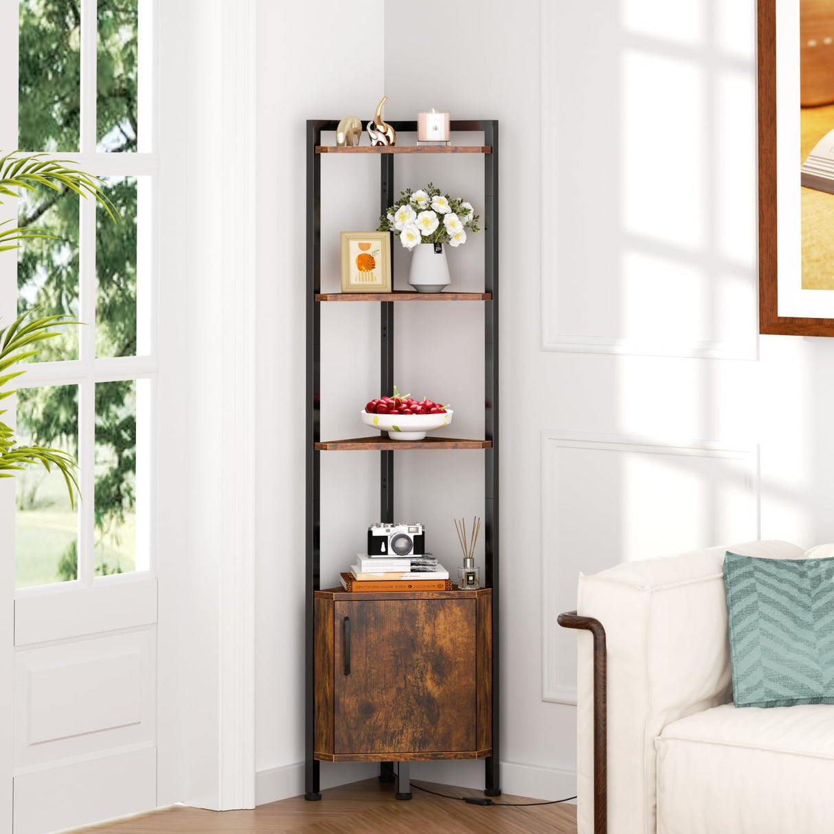 Furnulem Corner Shelf, Narrow Corner Bookshelf LED,5-Tier Corner Cabinet with Storage, 62.8” Standing Display Shelf for Bedroom, Living Room, Kitchen, Wood Display Shelf (Rustic Brown) Furnulem