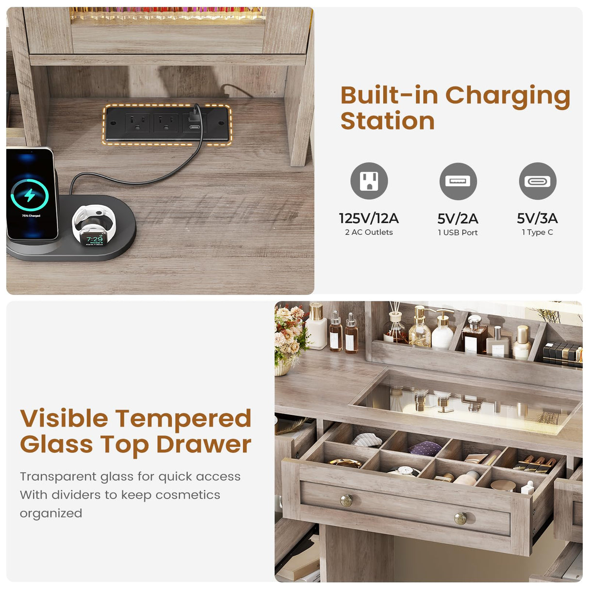 MSmask Vanity Desk with LED Mirror & 3 Color Modes, Large Makeup Vanity with 2 RGB Lights Cabinets, Glass Top Vanity Table with 5 Drawers & Power Outlet, Farmhouse Vanity, Grey MSmask