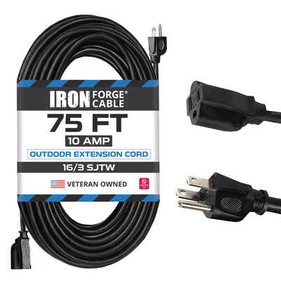 Iron Forge Cable Weatherproof Outdoor Extension Cord 75 ft, 16 Gauge Black Extension Cord 3 Prong for Outside, SJTW Exterior Power Cable for Outdoor Lights, Lawn, Landscaping - US Veteran Owned