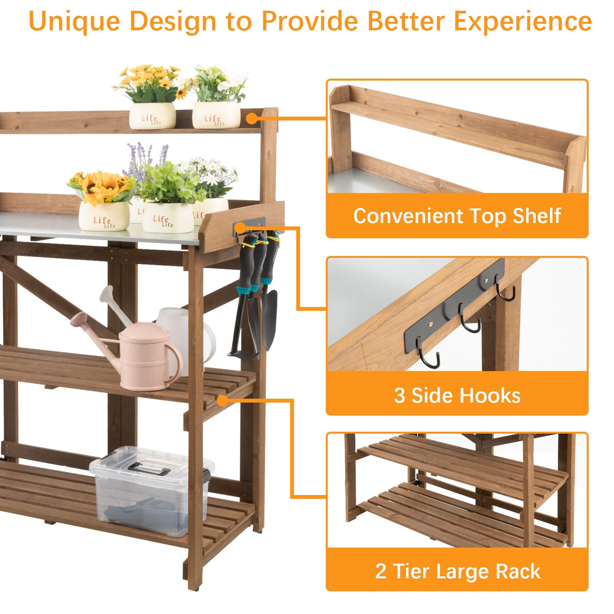 Ketive Folding Potting Bench Table,Outdoor Potting Bench Garden Wooden Potting Table,Fir Wood Workstation Planting Table with Galvanized Tabletop,2 Tier Storage Shelves,Top Shelf(Brown) ketive