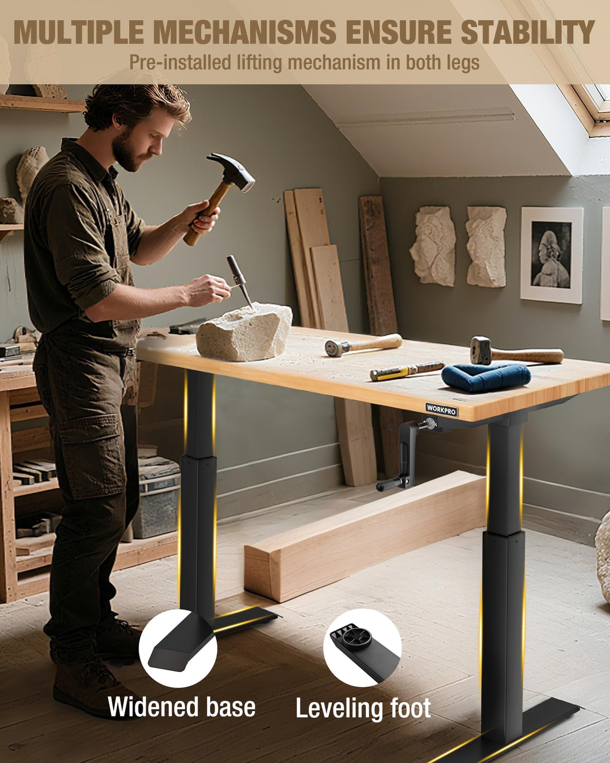 WORKPRO Adjustable Workbench with Crank Handle, 47.2" x 23.6" Rubber Wood Worktable 300LBS Load Capacity,Height-Adjustable Standing Desk for Workshop, Garage WORKPRO