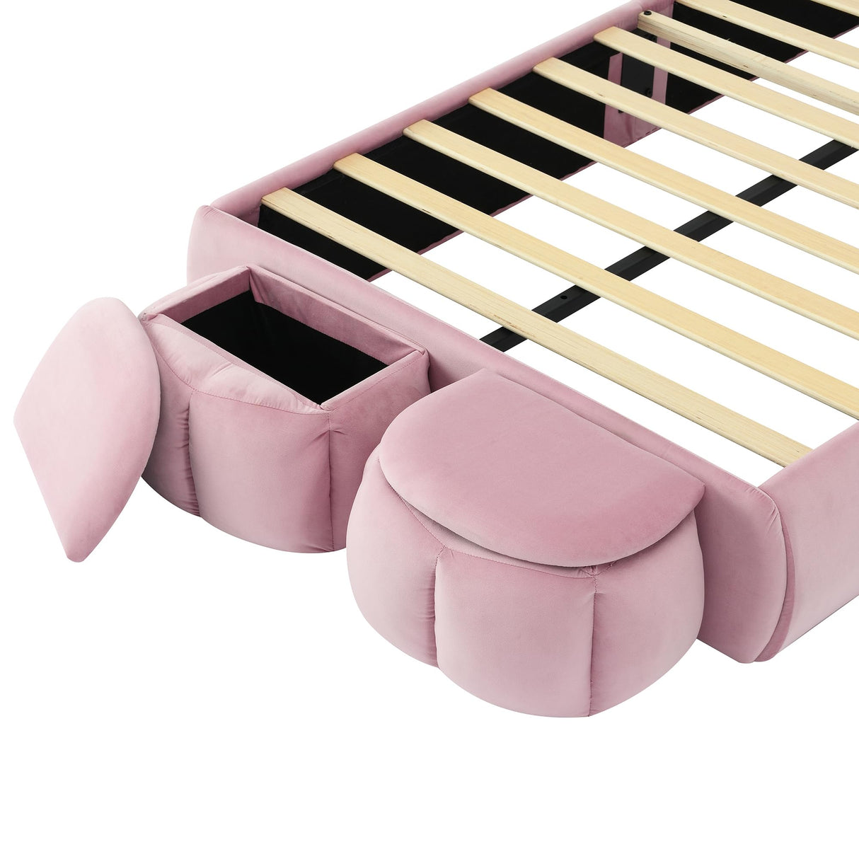 Merax Twin Size Upholstered Platform Bed with 2 Small Storage Stools Cartoon Ears Shaped Headboard and Light, Pink Merax