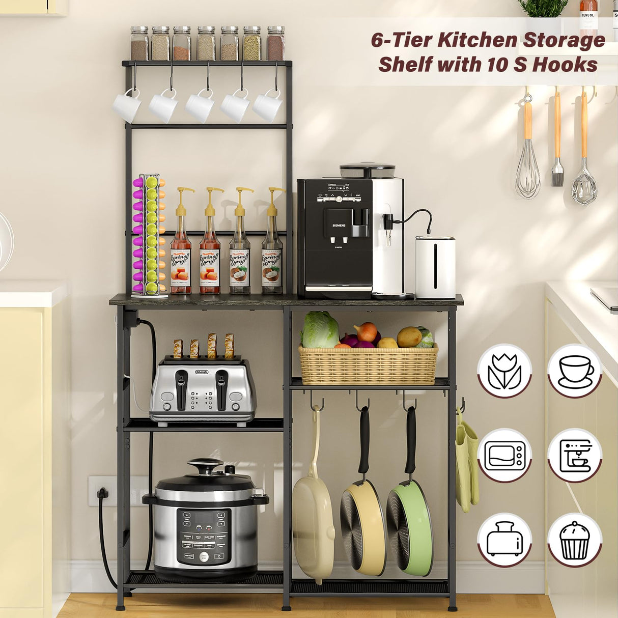 3IngSeagulls Bakers Rack with Power Outlet, Kitchen Microwave Stand with 10 S-shaped Hooks, 6-Tier Coffee Bar Station, Kitchen Storage Shelf Rack for Spices, Pots, Gray 3IngSeagulls