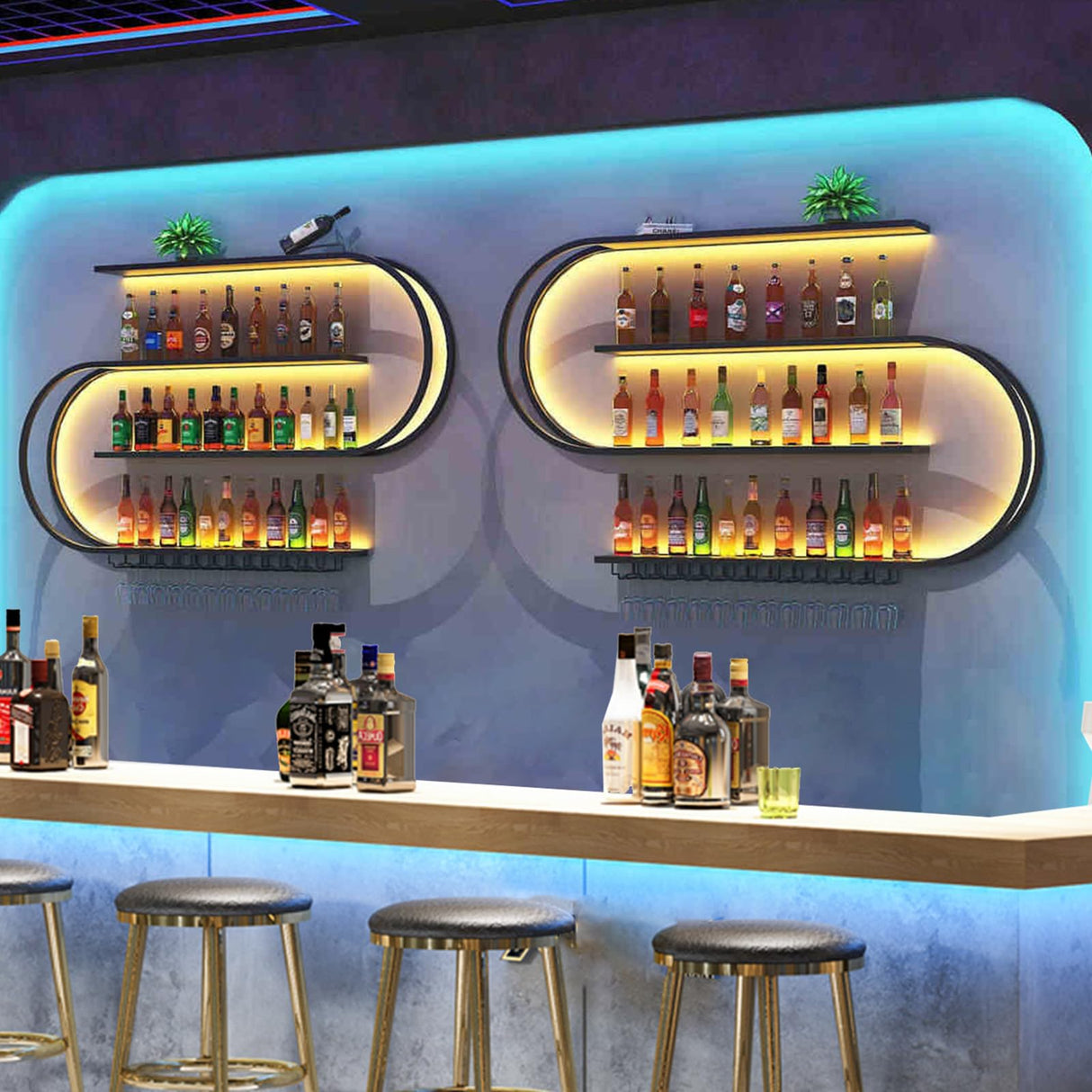 RAJYQODIS 59in Wall Mounted Wine Rack, Floating Bar Shelves 4-Tier,Industrial Metal Bottles Display Storage Shelf, for Home Bar Dining Room Decor, Black (Black, 59.05in/150cm) RAJYQODIS