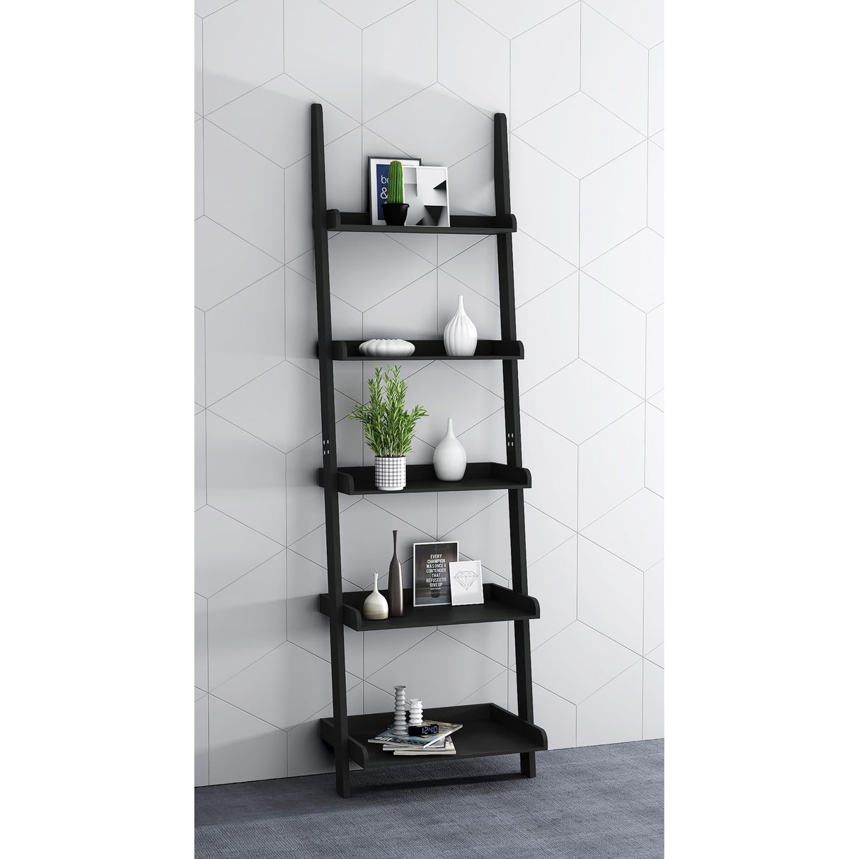 eHemco Modern 5 Tier Leaning Wall Ladder Bookshelf Organizer, Storage Rack, 70 Inches, Black eHemco