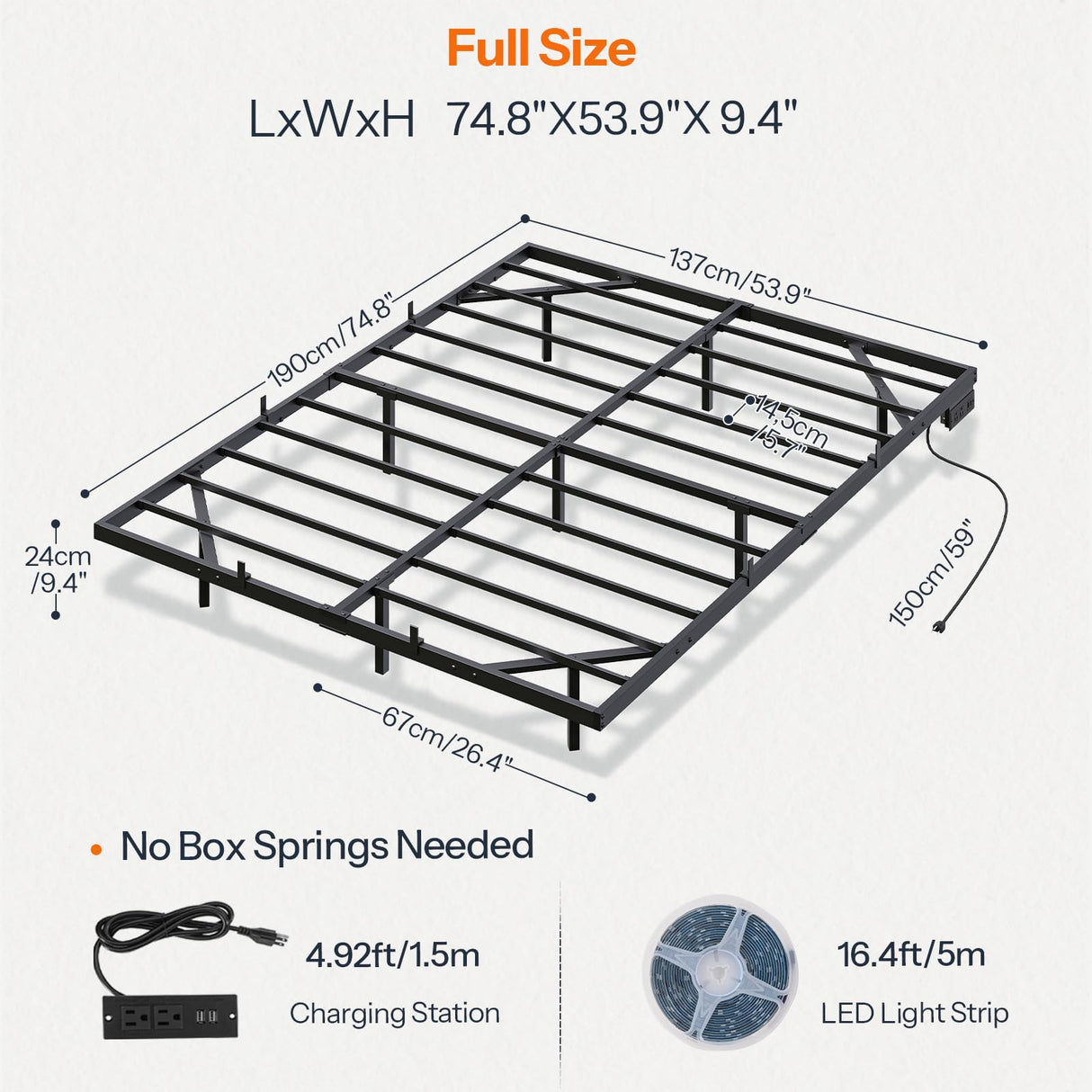HOOBRO Floating Bed Frame Full Size, Bed Frame with Charging Station and LED Lights, Industrial Style Metal Platform Full Bed, Soundless, No Box Springs Needed, Black HOOBRO