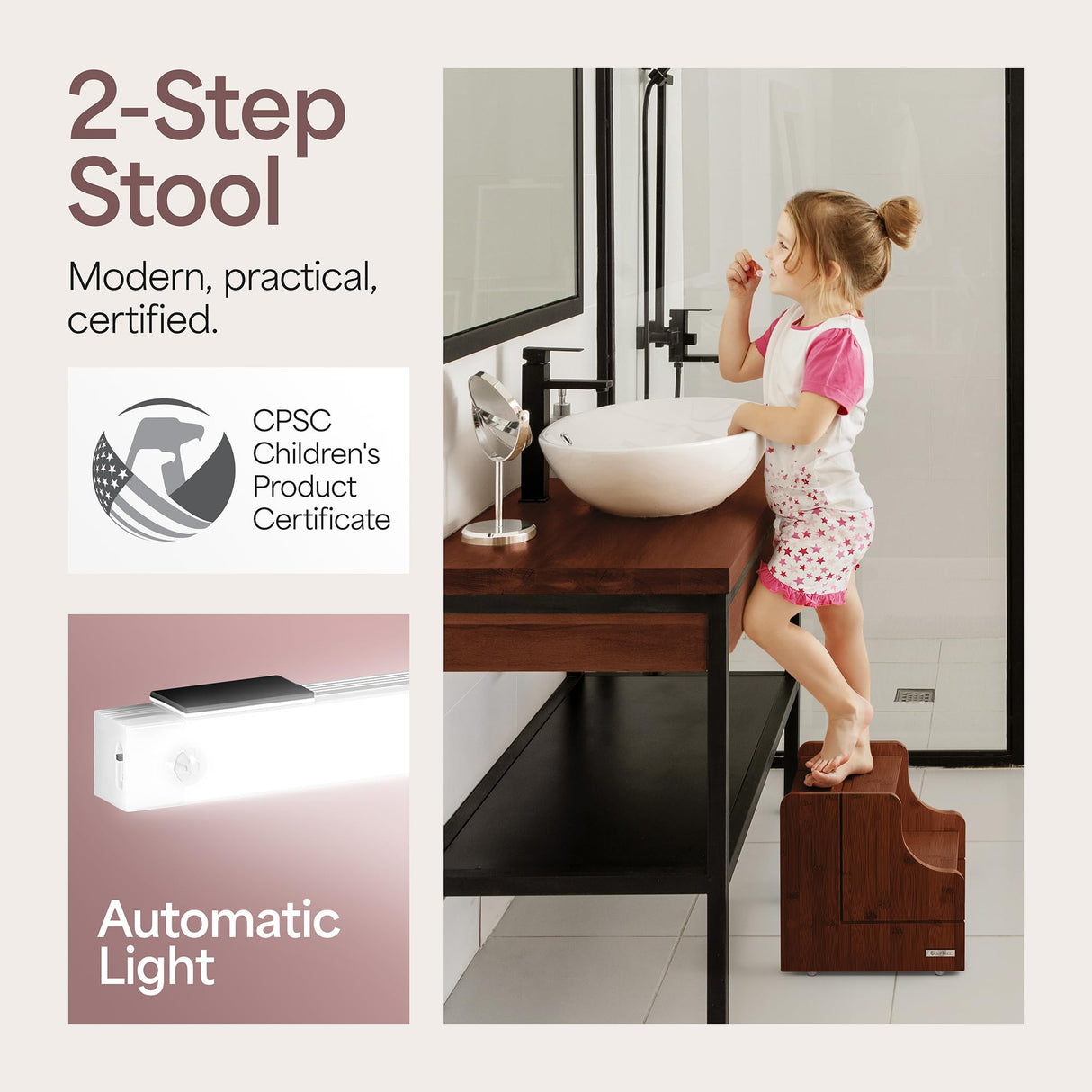 NIFTAKE Kids Step Stool, 250lb Capacity - Safe, Durable, Bamboo Step Stool Kids, Wooden Step Stool for Toddlers, Toddler Step Stool for Bathroom sink, Kids Stool, Toddler Stool-with Auto Light (Brown) NIFTAKE