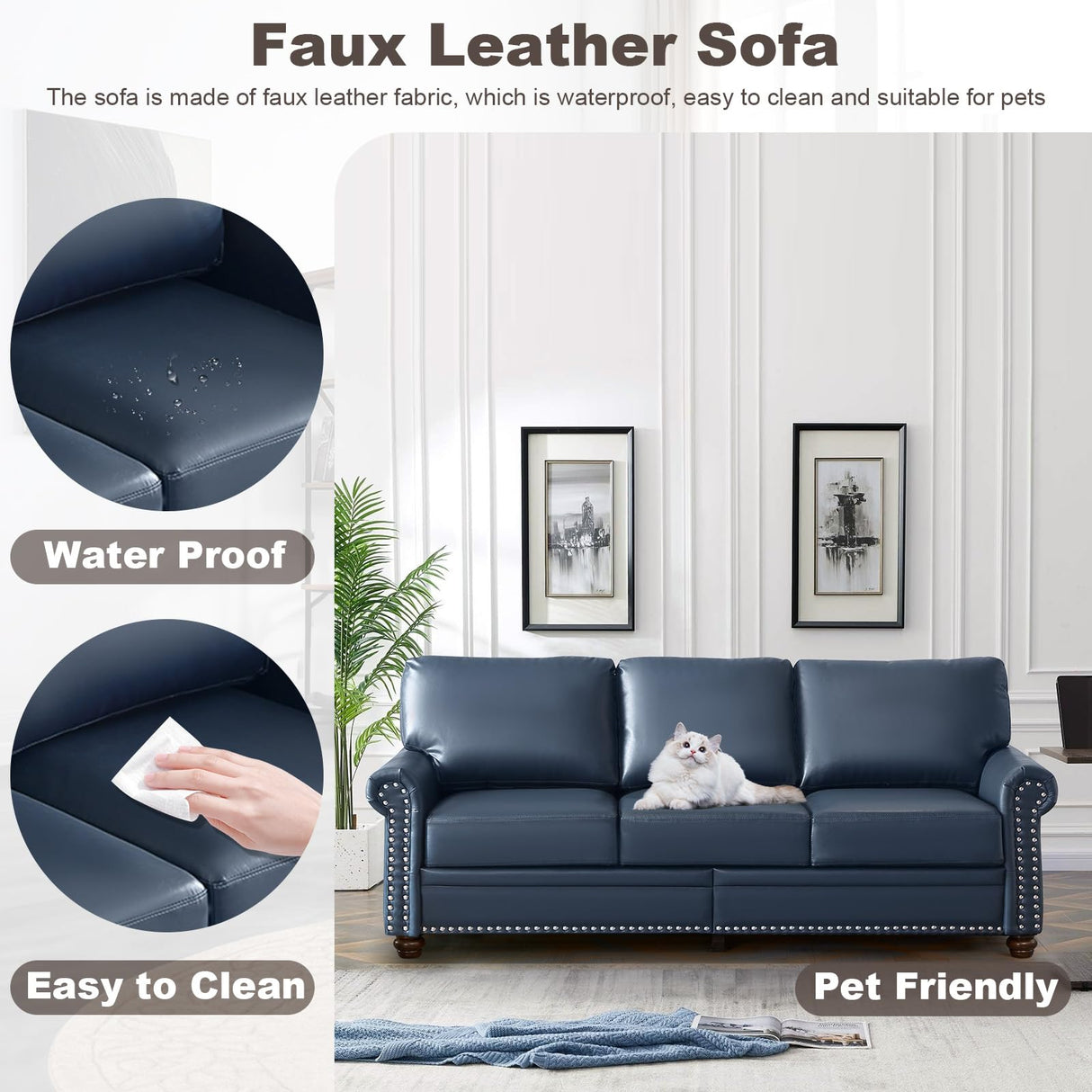 JEEOHEY Faux Leather Sofa Couch,82" Mid Century Modern Couch with Storage Place,Oversized 3 Seater Sofa with Nailhead Trim&Rolled Arm,Deep Seat Comfy Couch for Living Room,Apartment,Office(Navy Blue) JEEOHEY