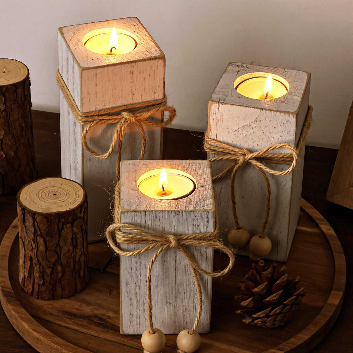 MelonBoat Rustic Flameless LED Candles 3-Pack, Battery Operated Candles with Wooden Candle Holders, White Rustic Farmhouse Decor, Farmhouse Candle Holder for Valentines Holiday Party Home Decor MelonBoat