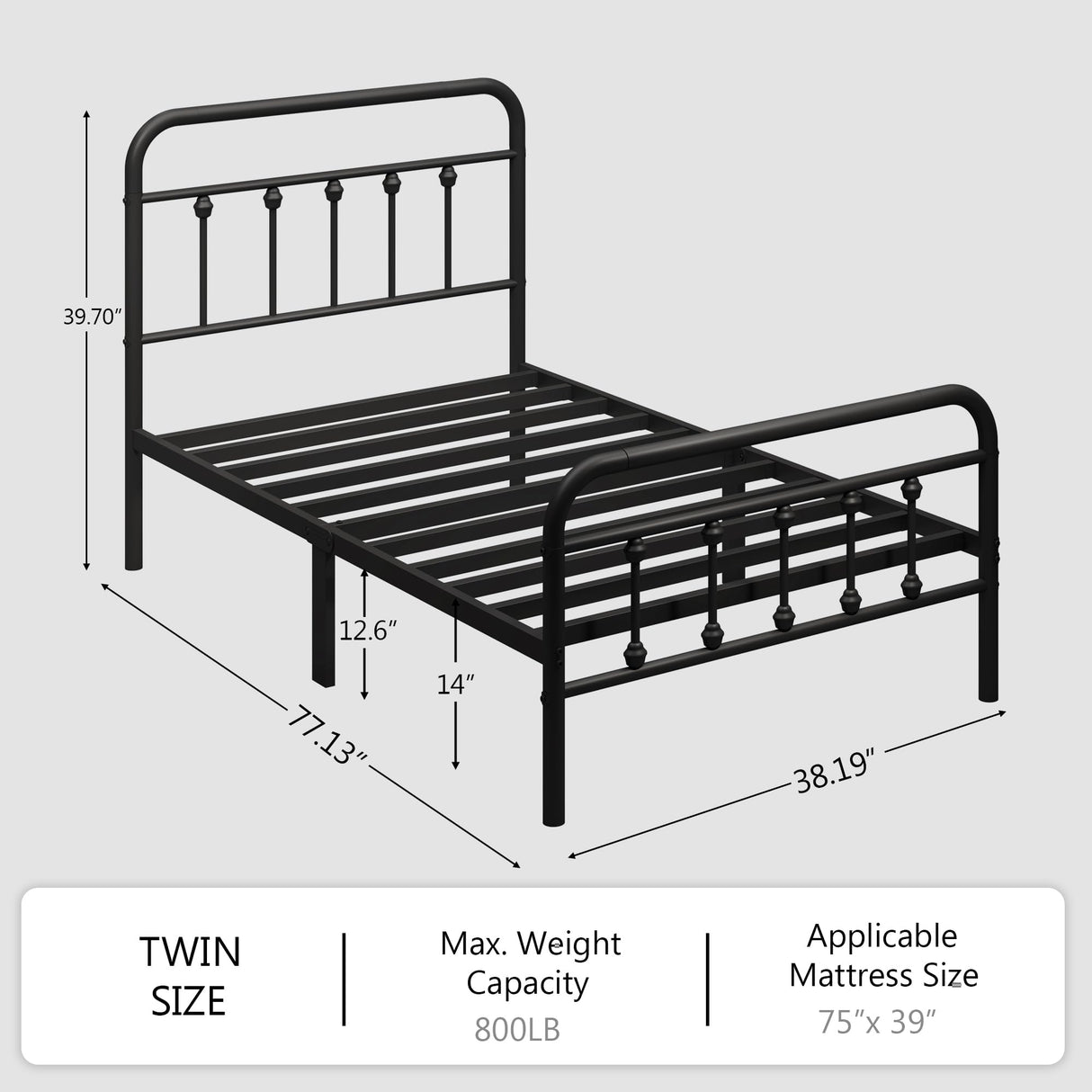 zunatu Twin Size Metal Platform Bed Frame/Victorian Style Headboard and Footboard/Steel Slat Support/Easy Assembly/No Box Spring Needed/Underbed Storage/Noise Free/Black zunatu