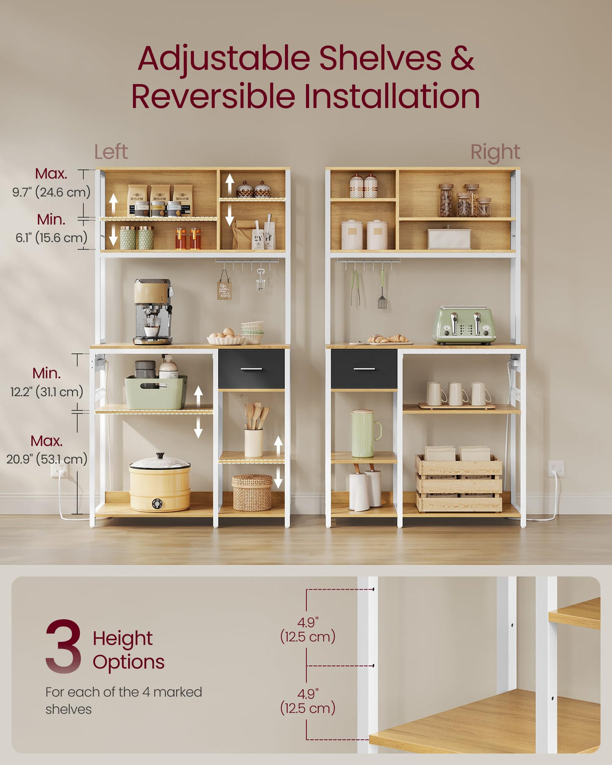 VASAGLE Bakers Rack with Charging Station, Coffee Bar with Adjustable Storage Shelves, Fabric Drawer, 12 Hooks, 15.7 x 39.4 x 71 Inches, Kitchen Microwave Stand, Golden Oak and Cloud White UKKS027Y01 VASAGLE