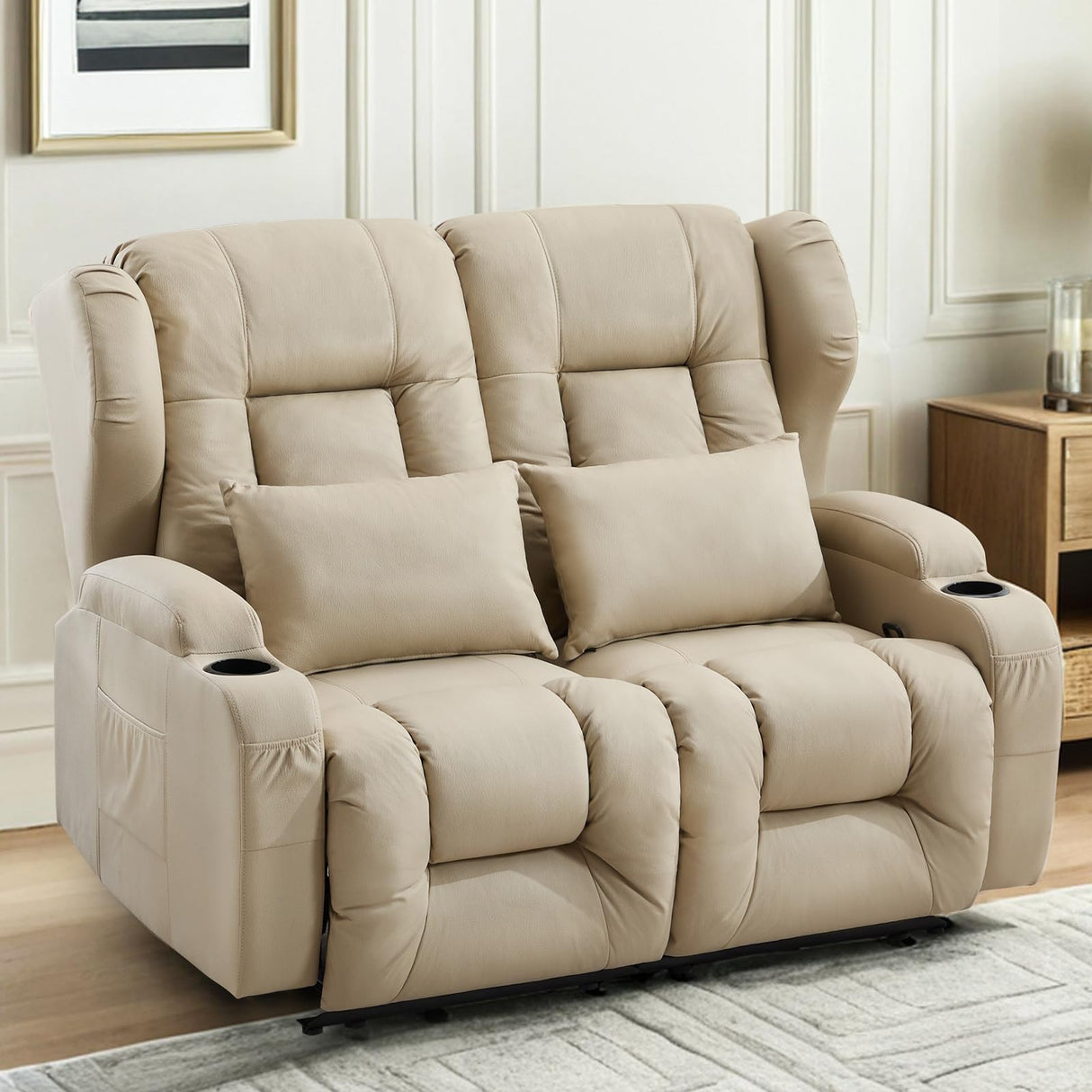 Loveseat Recliner Sofa,RV Couch 6'' Wall Hugger Recliners for Small Spaces,Fabric Reclining Loveseat Sofa Recliner with Cup Holders/Lumbar Pillows,RV Furniture (Beige, Loveseat) Generic
