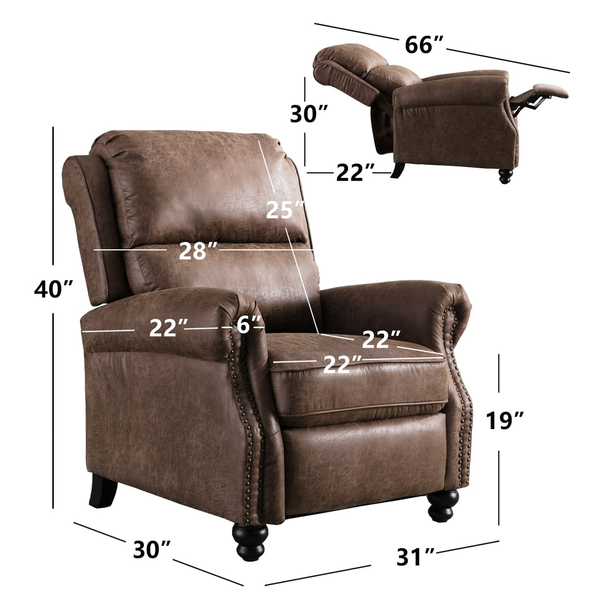 CANMOV Pushback Recliner Chair Faux Leather Armchair Push Back Recliner with Rivet Decoration Single Sofa Accent Chair for Living Room, Chocolate CANMOV