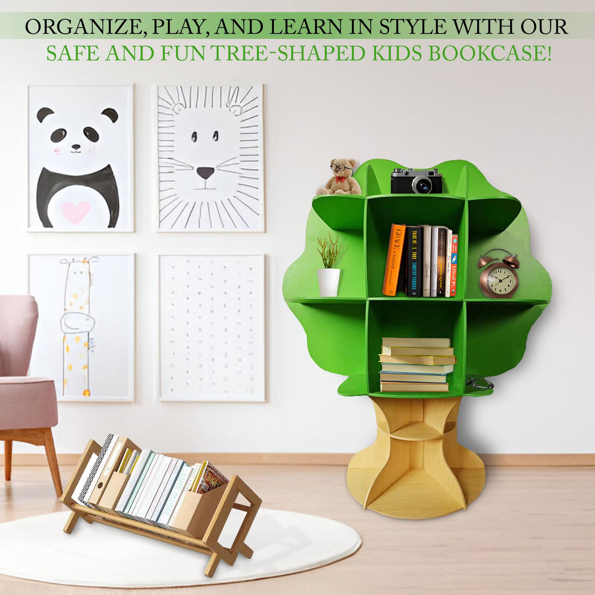 PrimeNex Tree Bookshelf, Floor Standing Tree Bookcase, Solid Wood Bookshelf for Kids Room, Classroom, Living Room, Home Office - Green PrimeNex