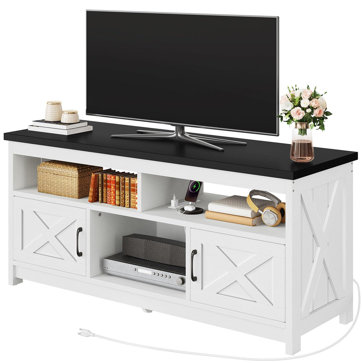 DWVO Farmhouse TV Stand for Television up to 65 Inch, Entertainment Center with Power Outlets and Open Shelf, Rustic TV Cabinet Media Console Table for Living Room, White/Black, 59 Inches DWVO