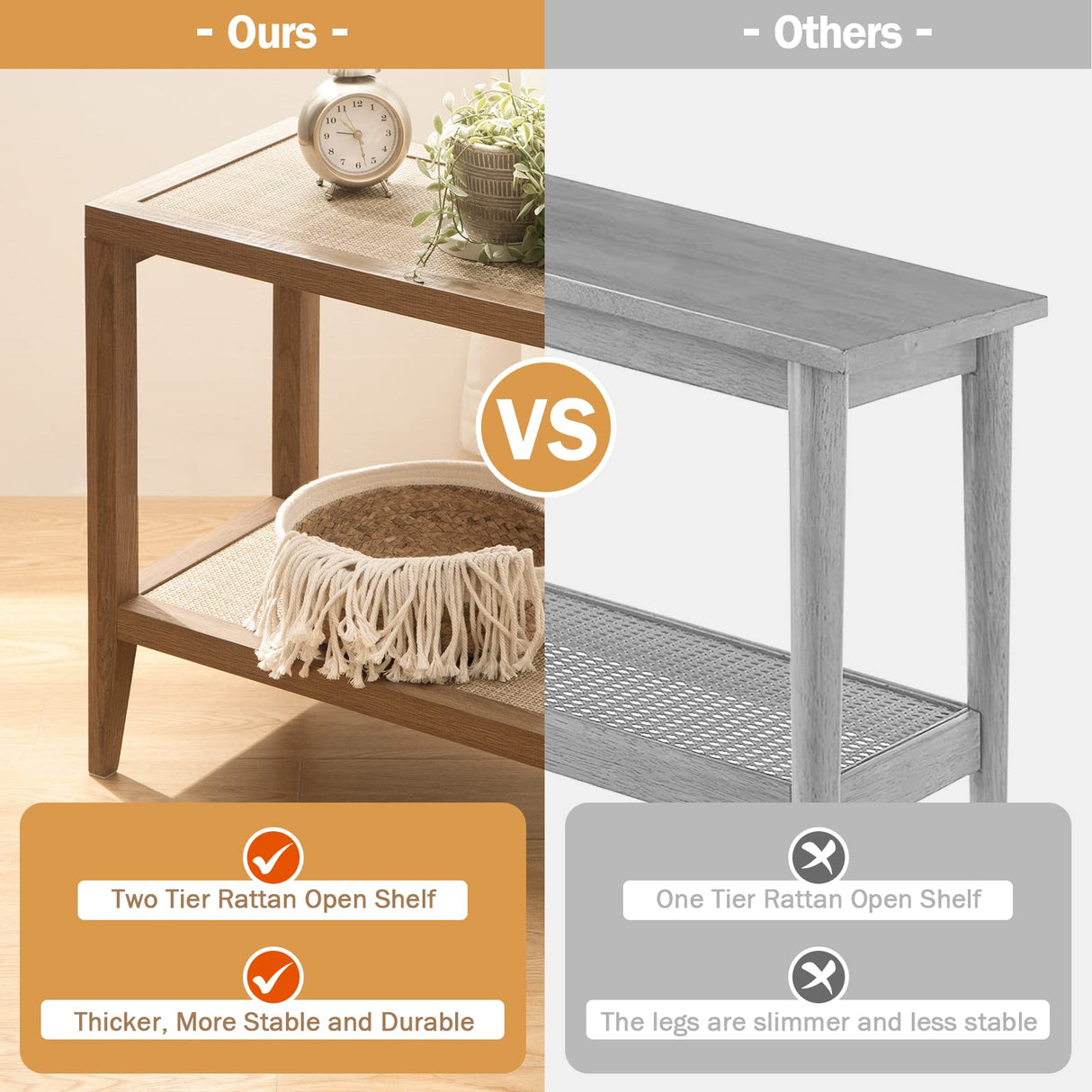 SICOTAS Rattan Nightstands Set of 2 Bedside Table - Boho Narrow End Table Living Room Set of 2 Side Table with Rattan Storage Shelves for Small Space SICOTAS