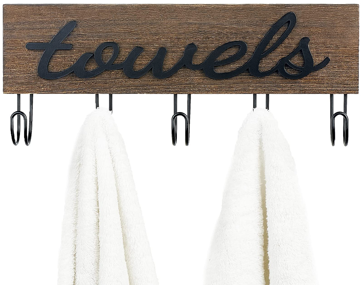 Mkono Towel Holder Wall Mounted Towel Racks for Bathroom Farmhouse Decor Rustic Wood Towel Hooks Hang Towels Bathrobe Coat Clothing 12.6" x 5.2" Bath Towel Hanger Storage Organizer Mkono
