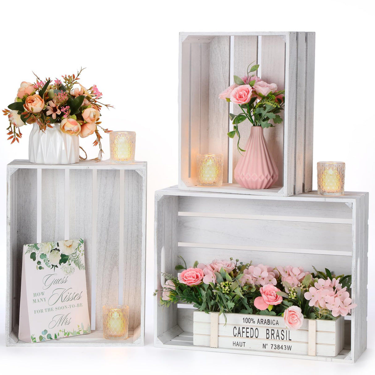 Soaoo 3 Pieces Decorative Wood Crates for Party Display, Large Rustic Wooden Nesting Storage Crates with Handles for Wedding Birthday Home Party Decoration(Rustic White) Soaoo