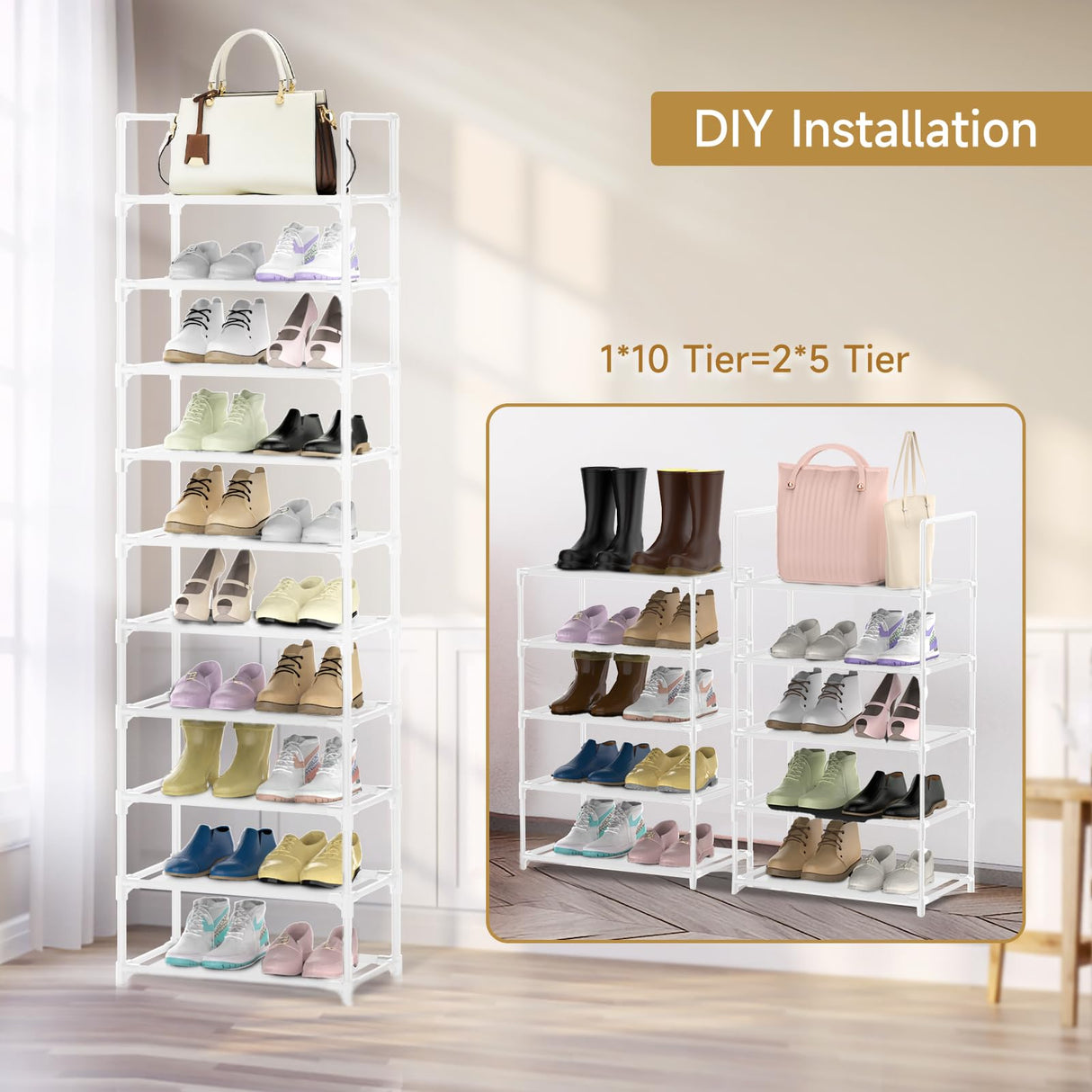 barsone Shoe Rack 10 Tiers, 20-25 Pairs Shoe Organizer Storage Shelf Stand Tower Shoe Rack, Space Saving Shoe Shelves Narrow Free Standing Shoe Rack for Closet Entryway Hallway Apartment Garage(White) barsone