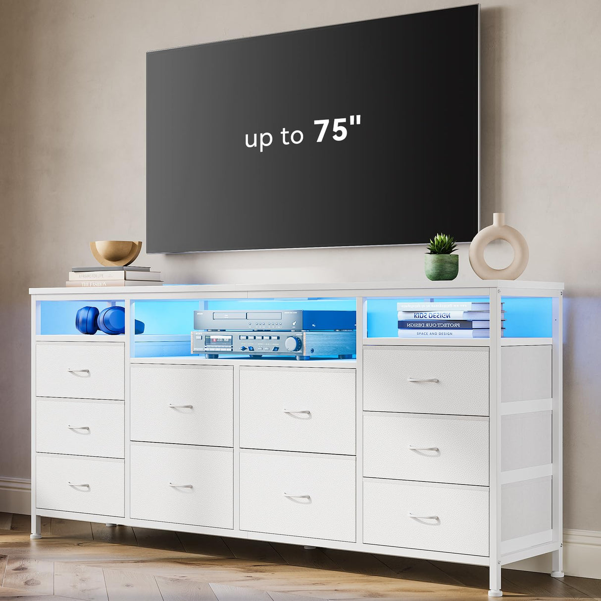 63.3 Inch Dresser for Bedroom, 10 Drawer Dresser Tv Stand for 65 70 75 Inch Tv, Fabric Chest of Drawers with Led Lights & Power Outlets, Long Entertainment Center for Closet, Living Room (White PU) GarveeHome