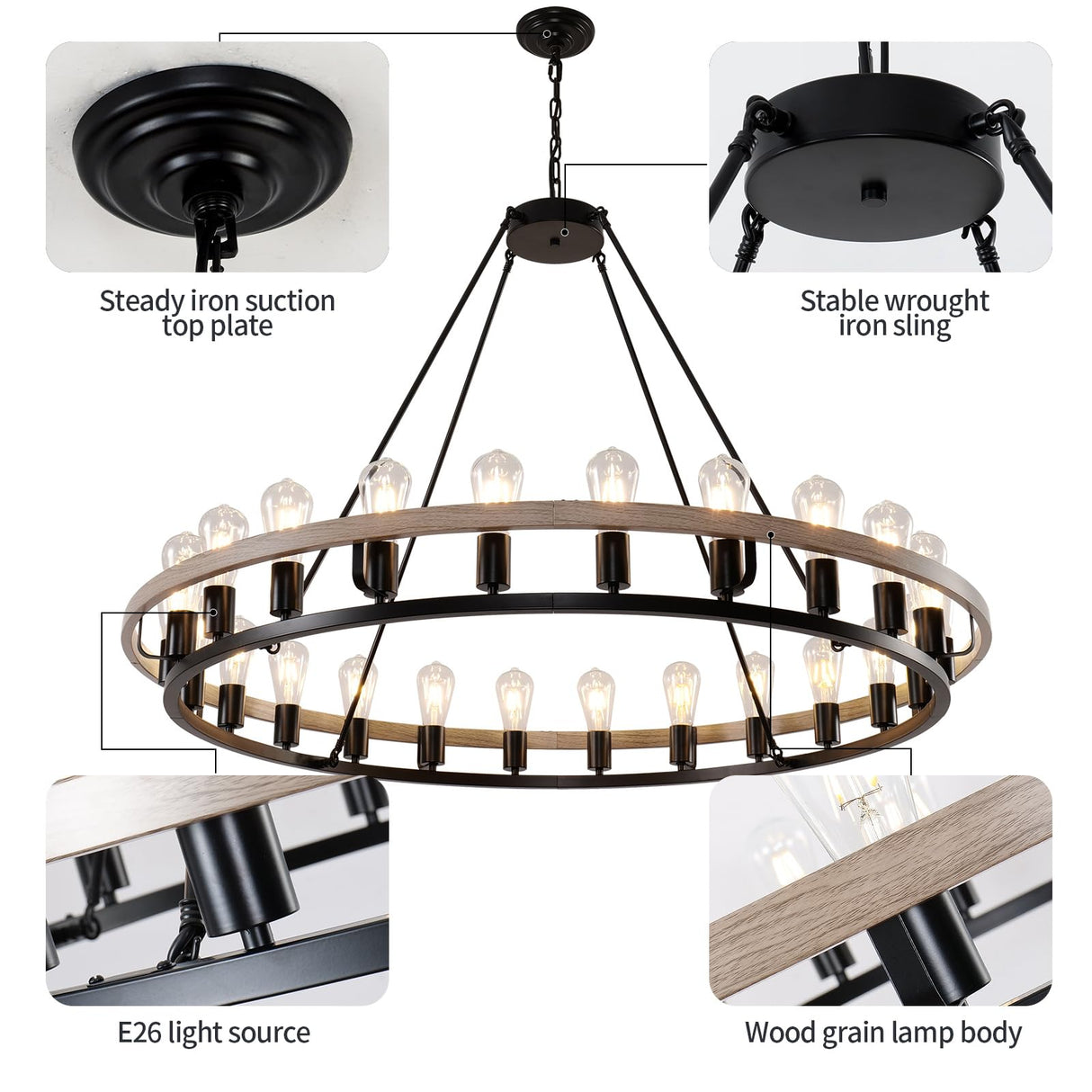 WOGON WEEL Wagon Wheel Chandelier 48-Inch 24-Light, Black and Oak Wood Tone Finish Round Rustic Farmhouse Chandelier Extra Large for High Ceilings, Living Room Foyer WOGON WEEL