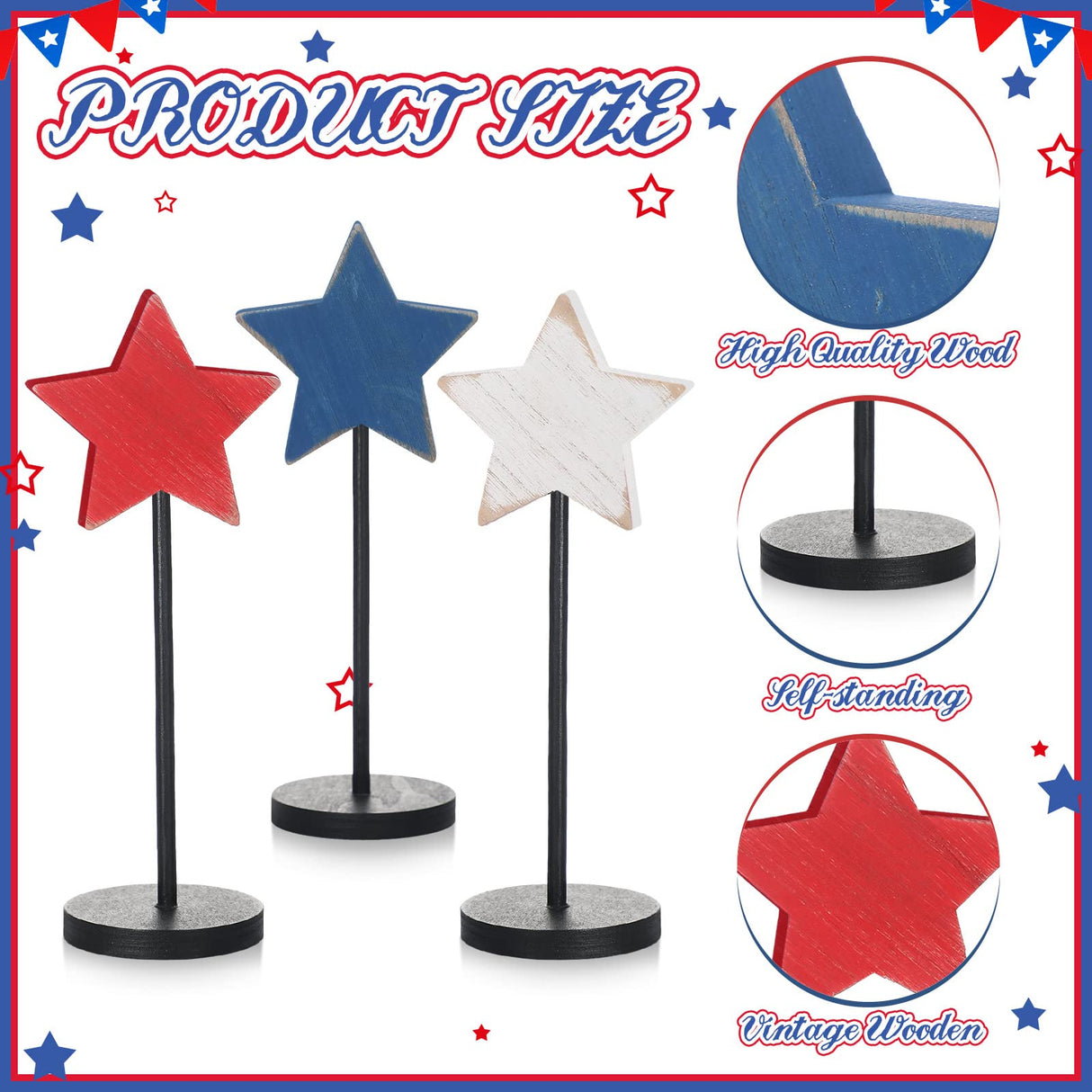 6 Pcs 4th of July Wooden Star Decoration Independence Day Standing Wooden Star Tiered Tray Decor Farmhouse Rustic Patriotic Blocks Memorial Day Tabletop Decor for American Festival Home Decorations BBTO