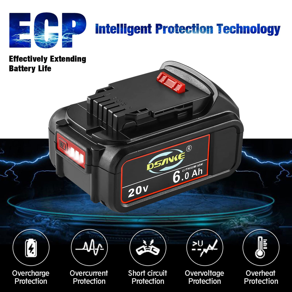 DSANKE 20V 6.0Ah Battery Replace for Dewalt 20V Battery DCB200 DCB206 DCB207 DCB204 DCB203 DCB201 DCB200 DCB180 DCD/DCF/DCG/DCS Series Dewalt 20V Battery C DSANKE C