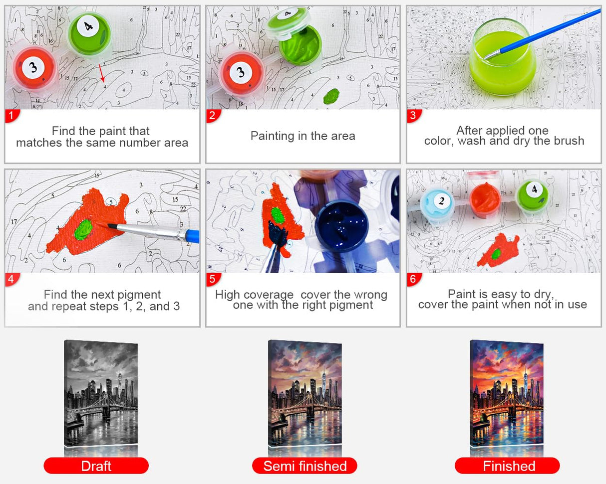 Paint by Numbers for Adults Colorful Cityscape Adults' Paint by Number Kits Brooklyn Bridge Sunset Landscape Art Painting Kits with Brushes Oil Painting Art Crafts 16x20 in TUMOVO