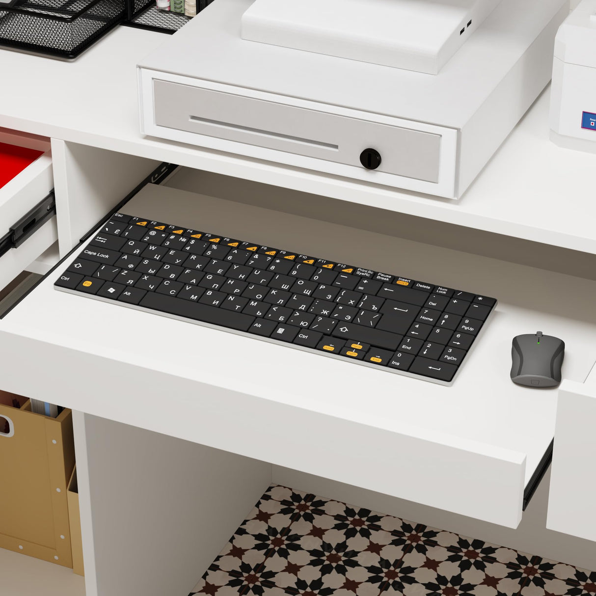 AGOTENI 47.2" W Reception Desk Front Desk with Counter, Light & Lockable Drawers, Modern Retail Checkout Counter with Keyboard Tray & Side Cabinet for Lobby Store Salon, White AGOTENI