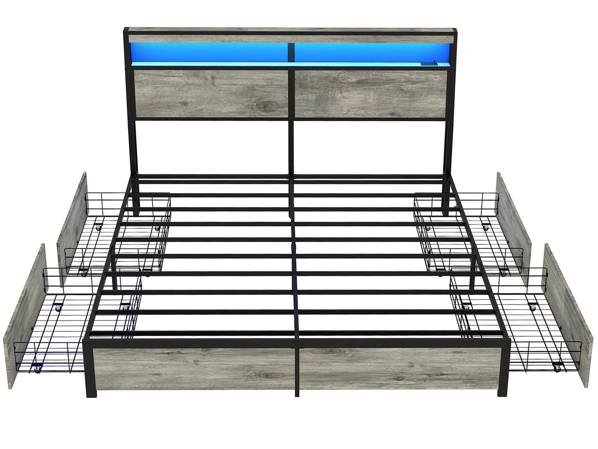 SADENICEL King Size Bed Frame with Storage Headboard, Metal Platform King Bed Frame Wood with 4 Drawers, LED Light, Charging Station, No Box Spring Needed, Noise Free, Easy Assembly, Grey SADENICEL