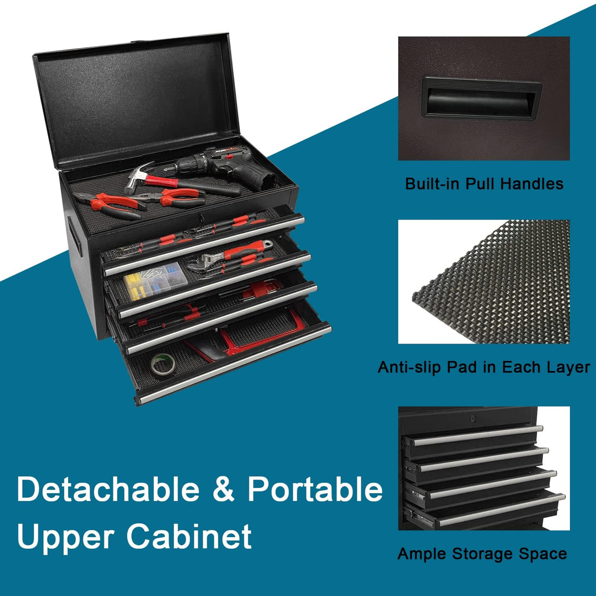 Gornoxblif 5-Drawers Black Tool Chest, 2-in-1 Mechanic Rolling Tool Box Removable Lockable Tool Storage Cabinet, Metal Tool Cart with Drawers and Wheels for Garage, Workshop Gornoxblif