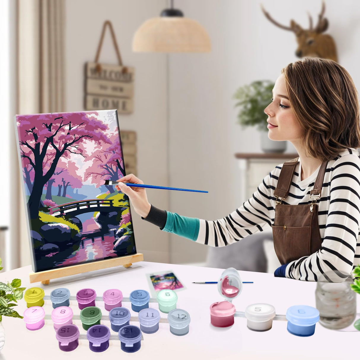 JOOZ Paint by Numbers Kit for Adults with Frame Cherry Blossom Adult Paint by Number Kits Framed Canvas Bridge Paint by Number with Easel DIY Oil Painting by Number for Gift Home Wall Decor 8x12 Inch JOOZ