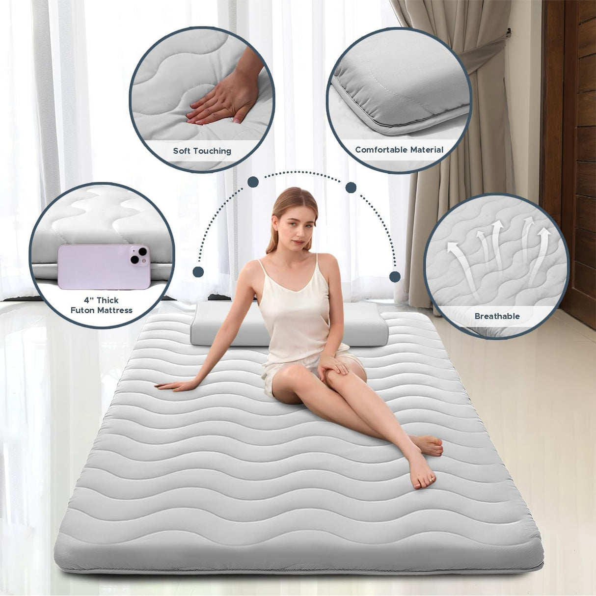 Japanese Floor Mattress, 100% High Density Comfortable Foam, 4" Thicken Foldable Mattress Tatami Mat Sleeping Pad, Ideal for Comfort and Support, Kids Floor Lounger Pillow Bed Sofa (Full) SCHNAUZER HOME