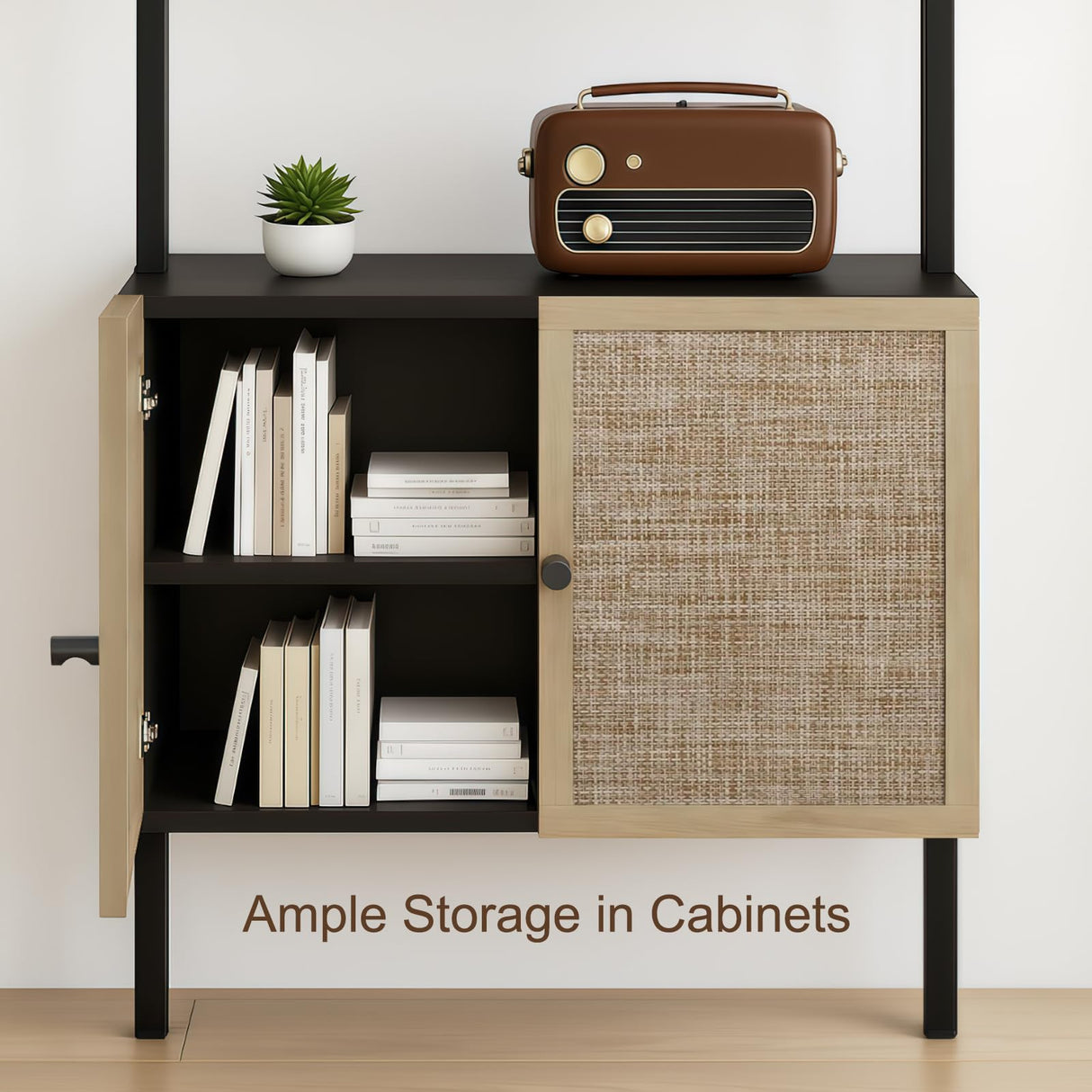 SOLACE FURNITURE Rattan Bookcase, 6 Tier Ladder Bookshelf with Rattan Cabinet, Wall Mount Tall Bookshelves and Bookcases with Metal Storage Shelves Display for Living Room Bedroom Home Office, Black SOLACE FURNITURE